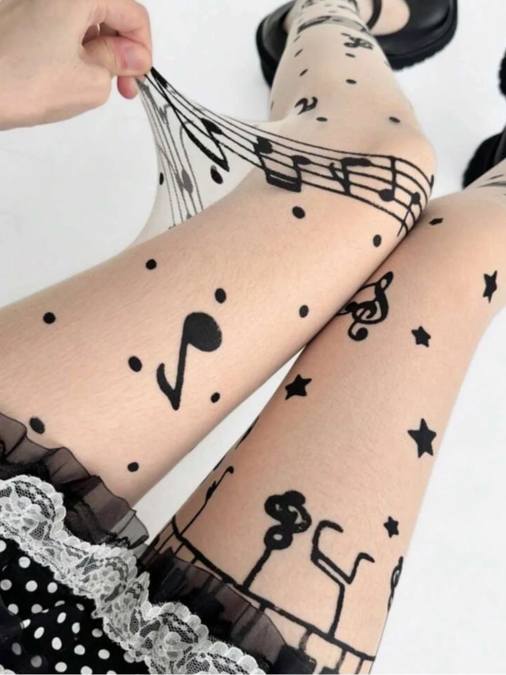 Sheer Black Musical Note Pattern Tights - Women Intimates